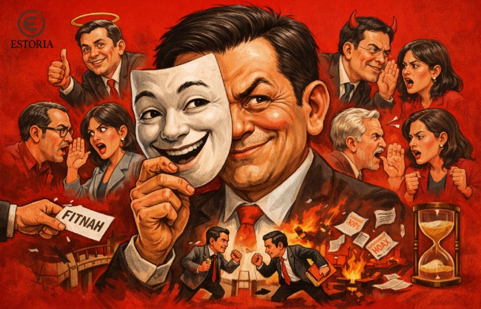 Gambar Ilustrasi Perilaku Main Belakang. Psikologi tentang orang berwajah ganda yang suka mengadu domba demi menjadi pusat perhatian dan keuntungan transaksi (doc. estoria)