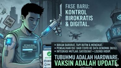 ILUSTRASI. Narasi dystopia tentang vaksinasi, digitalisasi kesehatan, dan kontrol birokrasi di era teknologi. (istimewa/AI/estoria)