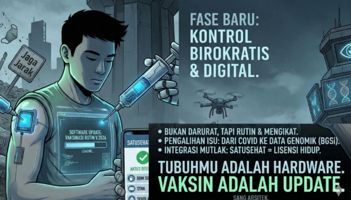 ILUSTRASI. Narasi dystopia tentang vaksinasi, digitalisasi kesehatan, dan kontrol birokrasi di era teknologi. (istimewa/AI/estoria)