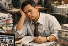 ILUSTRASI. Tumpukan laporan, rapat tanpa akhir, dan wajah lelah di balik meja, potret sunyi pekerjaan yang tampak sibuk, namun kehilangan makna. (istimewa/AI/estoria)