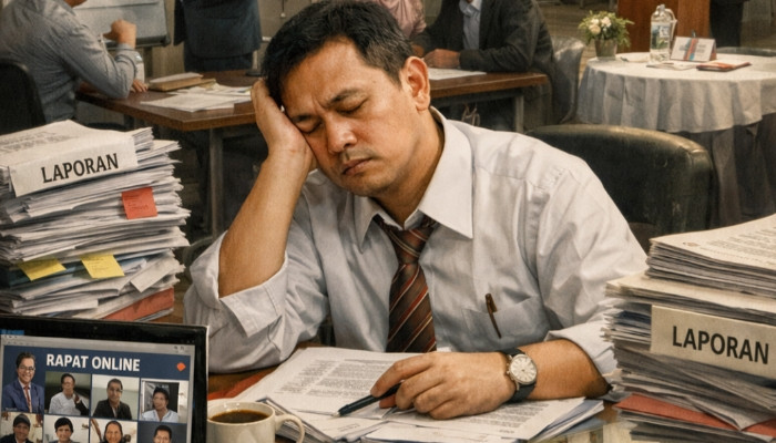 ILUSTRASI. Tumpukan laporan, rapat tanpa akhir, dan wajah lelah di balik meja, potret sunyi pekerjaan yang tampak sibuk, namun kehilangan makna. (istimewa/AI/estoria)