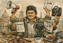 ILUSTRASI. Manusia manunggal, satu figur dengan banyak peran dalam ruang publik yang saling bertumpuk. (istimewa/AI/estoria)