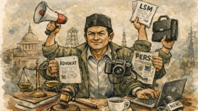 ILUSTRASI. Manusia manunggal, satu figur dengan banyak peran dalam ruang publik yang saling bertumpuk. (istimewa/AI/estoria)