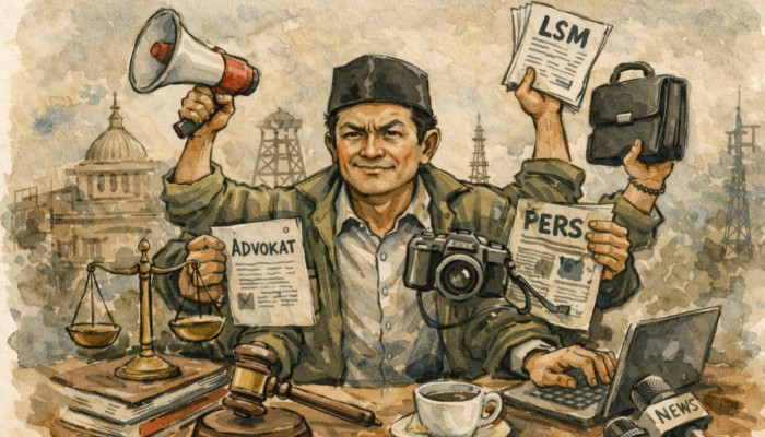 ILUSTRASI. Manusia manunggal, satu figur dengan banyak peran dalam ruang publik yang saling bertumpuk. (istimewa/AI/estoria)