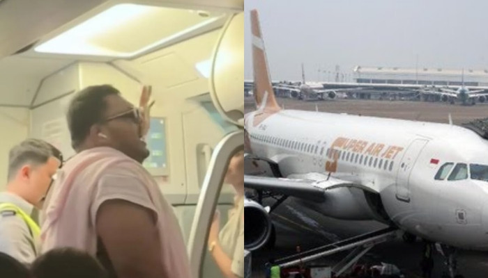 KOLASE. Penumpang menyampaikan protes di dalam kabin dan pesawat Super Air Jet di apron bandara setelah penerbangan mengalami keterlambatan berjam-jam. (istimewa/redaksi/estoria)