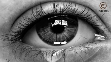 Close-up ilustrasi mata hitam-putih dengan air mata mengalir di sudut mata