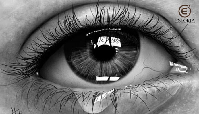 Close-up ilustrasi mata hitam-putih dengan air mata mengalir di sudut mata