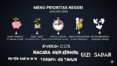 Ilustrasi satir menu prioritas negara yang menggambarkan guru honorer menunggu pengakuan di tengah kebijakan birokrasi